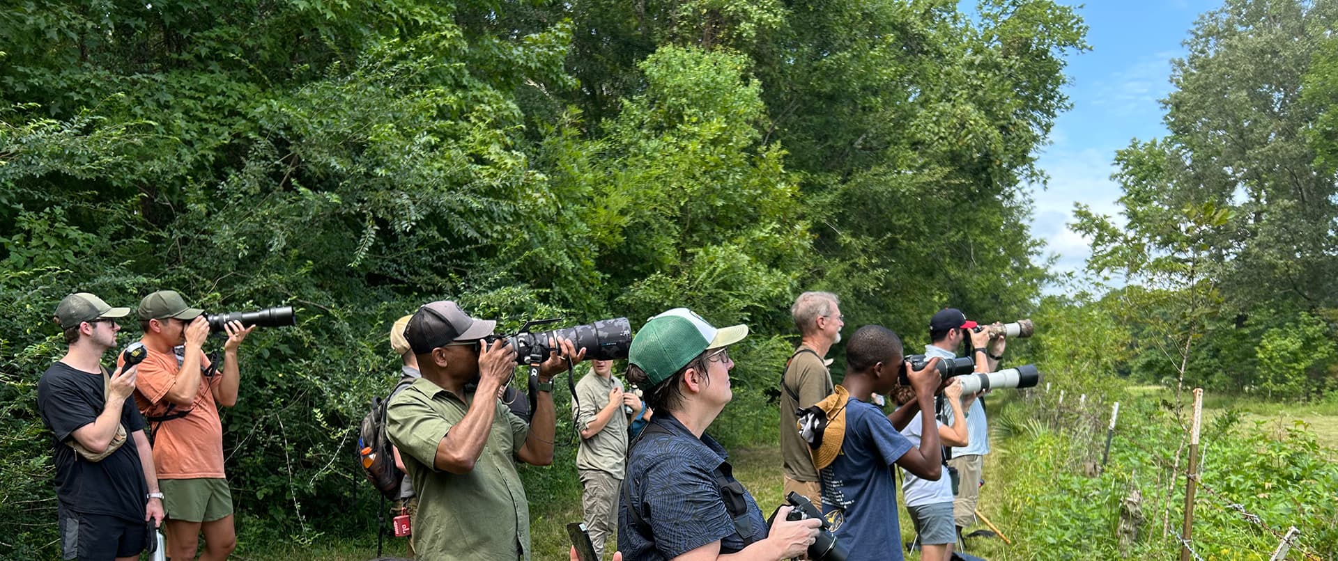 A group of photographers stands in a lush green area, focused on capturing images with large cameras.