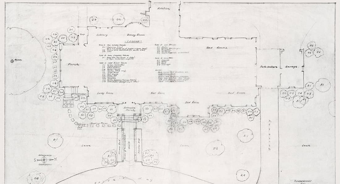 Architectural floor plan with labeled rooms and garden layout.