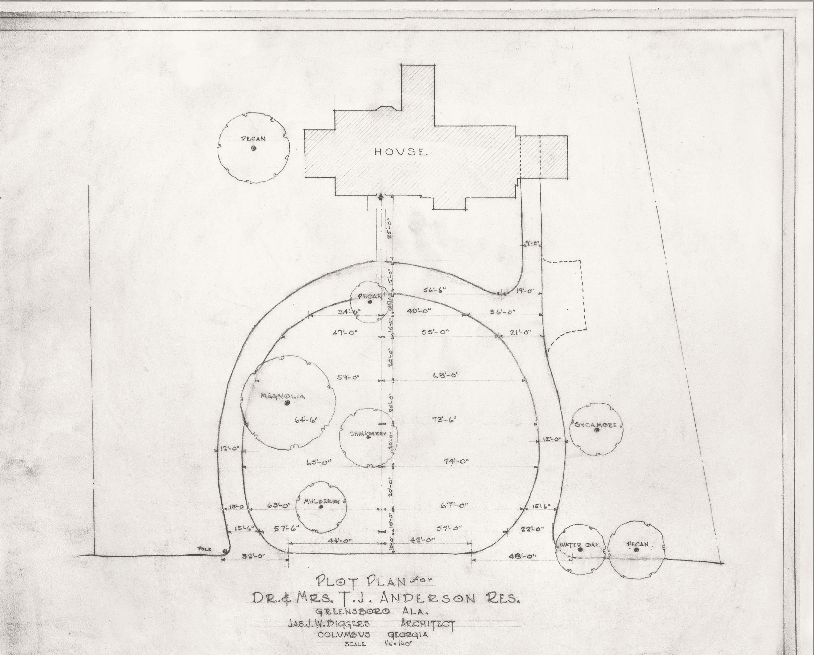 Blueprint of a house plot plan, detailing landscaping elements and measurements.