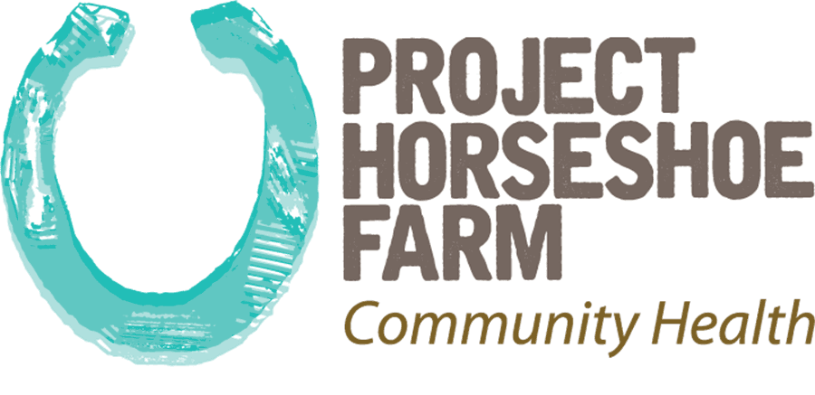 Logo of Project Horseshoe Farm featuring a horseshoe design and the tagline "Community Health."