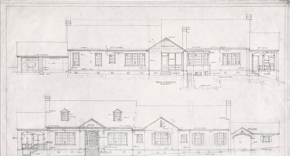 Architectural blueprint of a single-story house elevation.